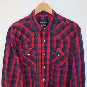 Bensimon Men Size L Shirt Western Cowboy Plaid Pearl Snap Pockets Blue & Red